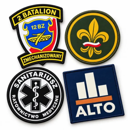 Naszywki tkane z logo: wojskowa, harcerska, medyczna i firmowa na białym tle